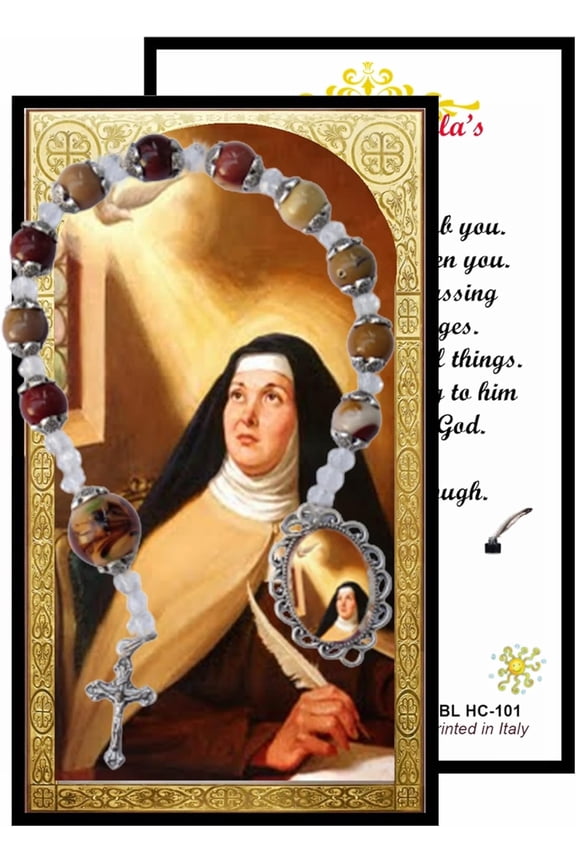 Saint Teresa of vila SantaTeresa de Jess Brown Agate Quartz Chaplet Pocket Purse Rosary with Prayer Card Holy Card Available in English and Spanish (SPANISH)