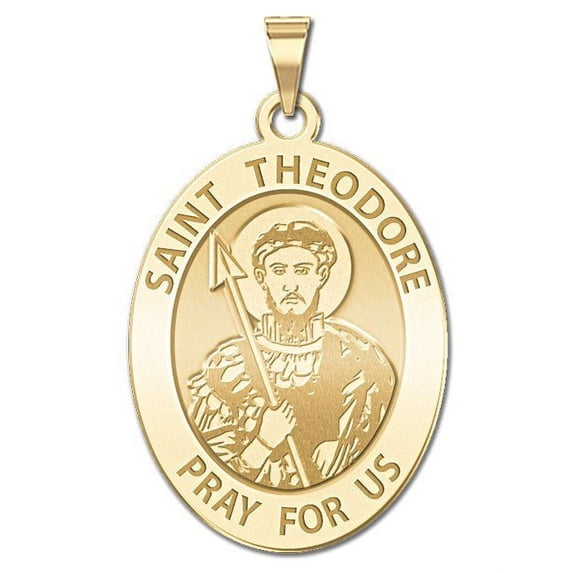 Saint Theodore - Oval Religious Medal - 2/3 X 3/4 Inch Size of Nickel, Solid 14K Yellow Gold