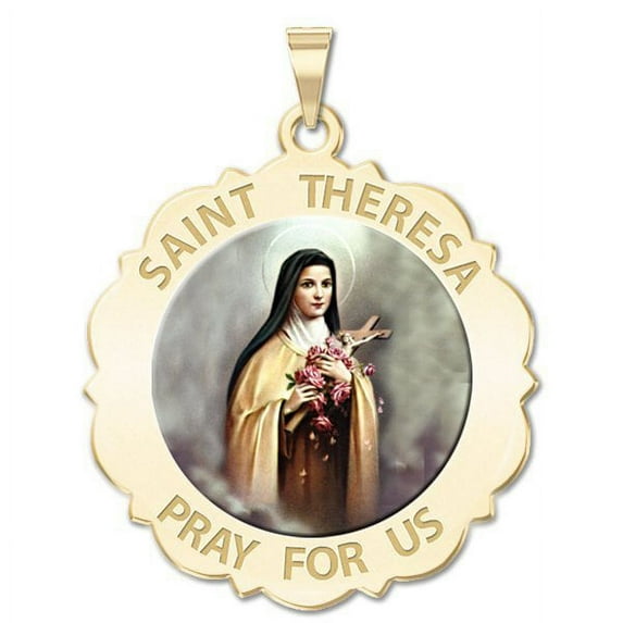 Saint Theresa Scalloped Round Religious Medal Color - 3/4 Inch Size of a Nickel -Solid 14K Yellow Gold
