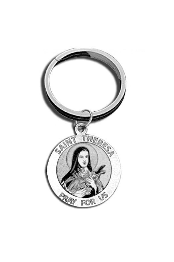 Saint Theresea Religious Engravable Keychain - 1 1/4 Inch X 1 1/4 Inch Round - Sterling Silver
