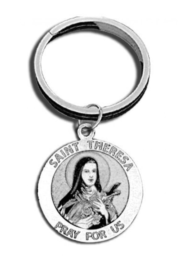 Saint Theresea Religious Engravable Keychain - 1 inch x 1 inch Round - Sterling Silver