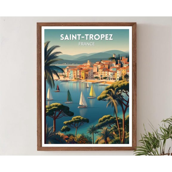 Saint-Tropez France Retro Travel Mid Century Modern Vintage Coastal Wall Art, Unframed Poster