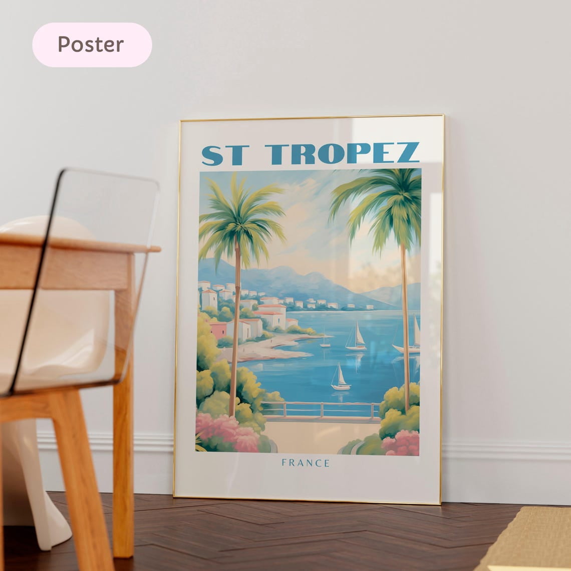 English Riviera Print Saint Tropez St Seascape Vintage Style Coastal Town Illustration ...