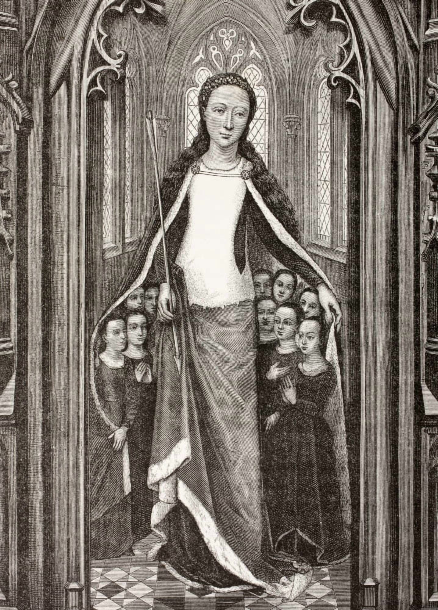 Saint Ursula Holding An Arrow The Symbol Of Her Martyrdom And Protecting Virgins Beneath Her Cloak From Les Artes Au Moyen Age Published Paris 1873 Canvas Art - Ken Welsh Design Pics (24 x 34)