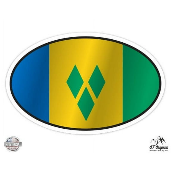 Saint VIncent and the Grenadines Flag Oval - 3" Vinyl Sticker - For Car Laptop I-Pad Phone Helmet Hard Hat - Waterproof Decal