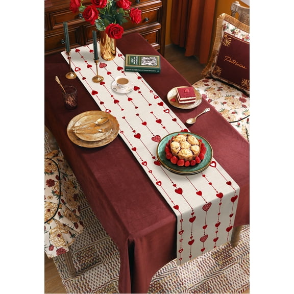 Saint Valentine's, Cotton Linen Table Runner 18 x 72 inch Romantic Red Love Heart Farmhouse Burlap Non-slip Rectangular Dining Table Decor for Wedding Party Holiday Dinner