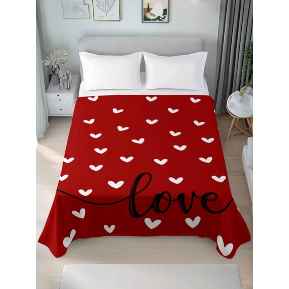 Saint Valentine's Day, Queen Size Flat Sheet, Wrinkleproof & Fadeproof Cooling Flat Bed Sheet Only, Red Love Heart Romantic Breathable Soft Bedding Top Sheets 90 x 102 Inches