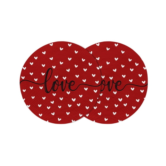 Saint Valentine's Day,Round Placemats Set of 2 for Dinning Tables,Heat-proof Braided Table Mats 13 Inch,Red Love Heart Romantic Washable Place Mat for Kitchen Restaurant Party Decor Table Setting