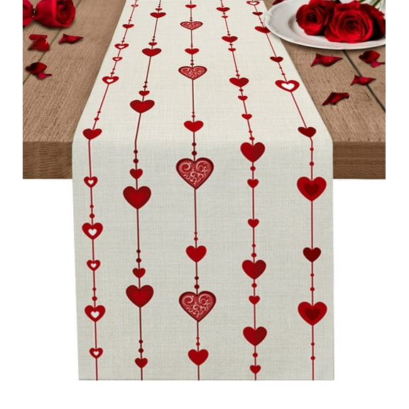 Saint Valentine's, Table Runner Romantic Red Love Heart Farmhouse Burlap Tablerunners 13 x 108 Inch, Table Decorations Tabletop Scarf for Summer Gathering Holiday Farmhouse Kitchen Dining Decor
