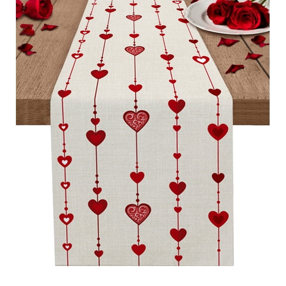 Saint Valentine's, Table Runner Romantic Red Love Heart Farmhouse Burlap Tablerunners 13 x 72 Inch, Table Decorations Tabletop Scarf for Summer Gathering Holiday Farmhouse Kitchen Dining Decor