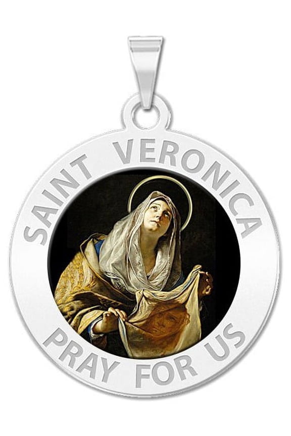 Saint Veronica Religious Medal - 1 Inch Size of a Quarter -Solid 14K White Gold