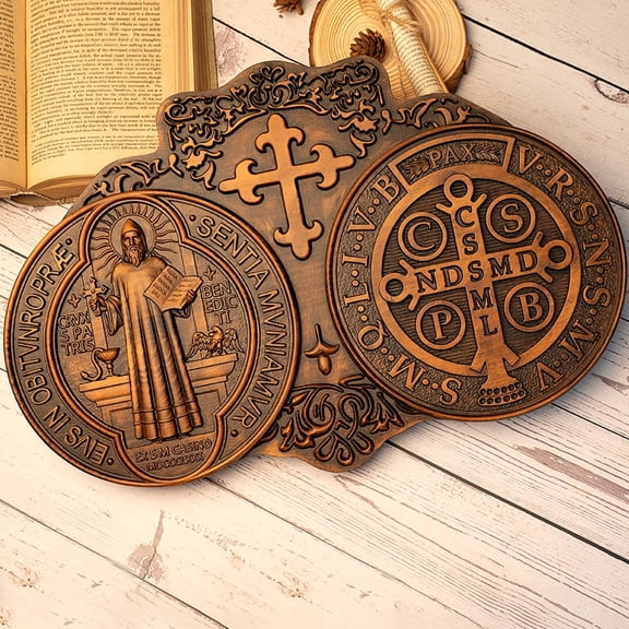 Saint benedict medal religious exorcism medal protection catholic home decor wooden plaque wall decoration 12 inches