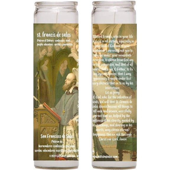 Saint de Sales Patron of The Deaf Set of Two 2 Tall Glass Candles with Prayer in The Back
