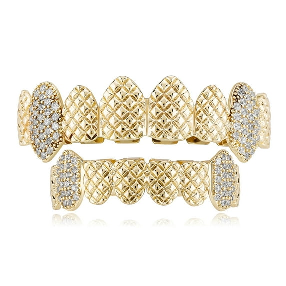 Saintda Vampire CZ Stone Teeth Grillz Top & Bottom Grills Brass Material Teeth Caps Cosplay Party Rapper Hip Hop Jewelry