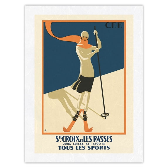 Sainte-Croix and Les Rasses Switzerland - Ski Resort - Swiss Federal Railways - Vintage Railroad Travel Poster by H.R. c.1922 - Japanese Unryu Rice Paper Art Print (Unframed) 18 x 24 in