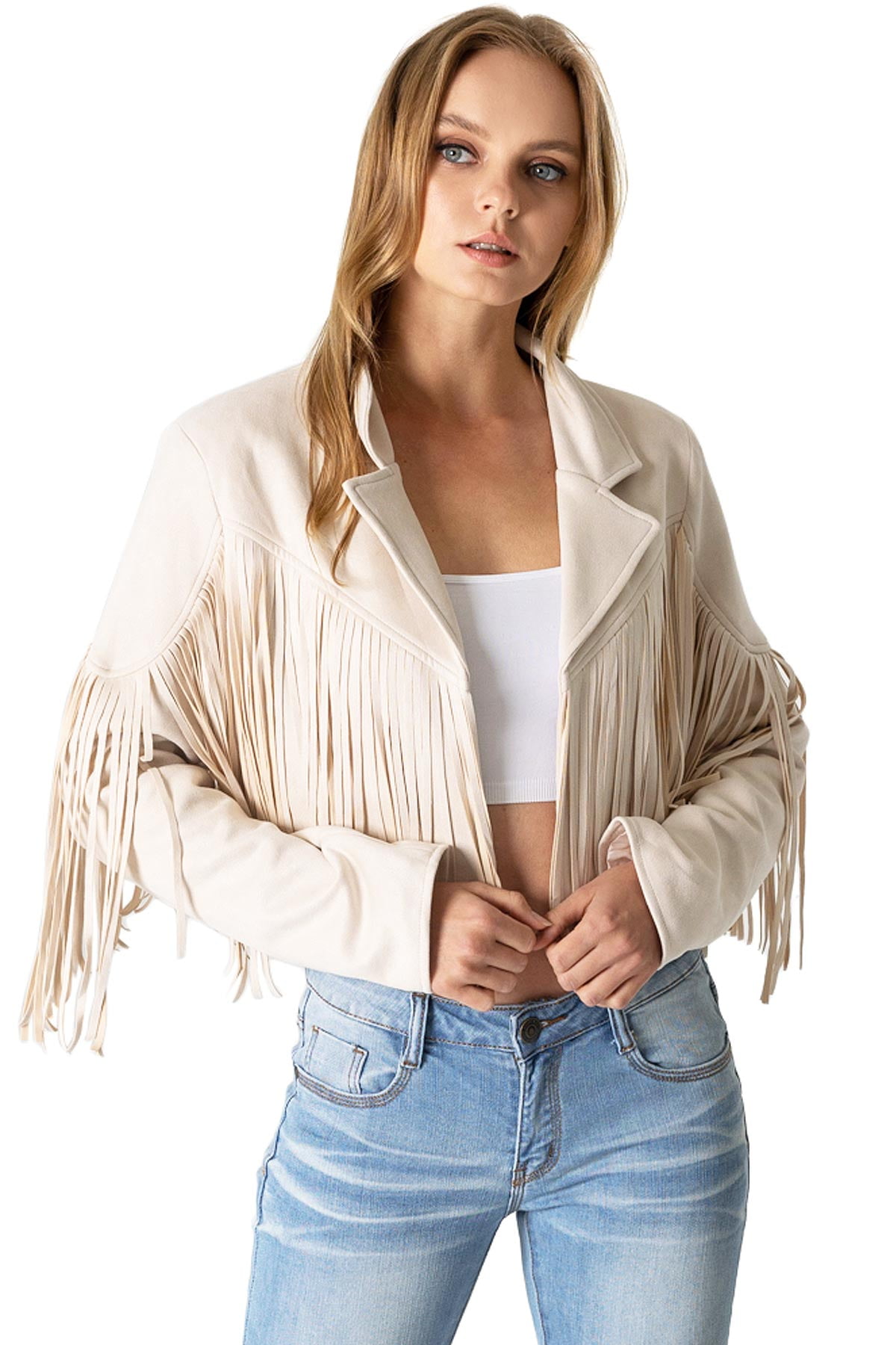 Saints Hearts Womens Faux Suede Festival Fringe Cropped Jacket