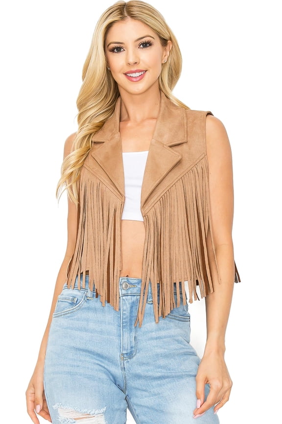 Womens Fringe Boho Cropped Faux Suede Vest (Tan, Large)
