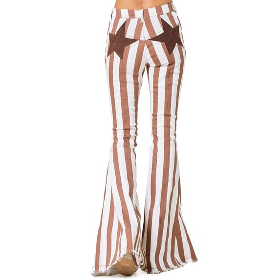 Saints & Hearts Womens Juniors High Rise Retro Star Stripe Flares (Brown, Small)
