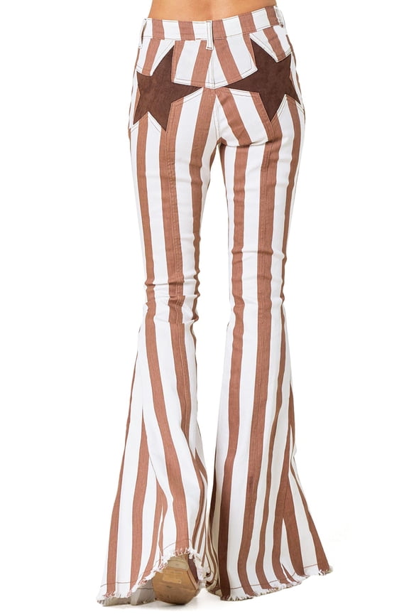 Womens Juniors High Rise Retro Star Stripe Flares (Brown, Small)