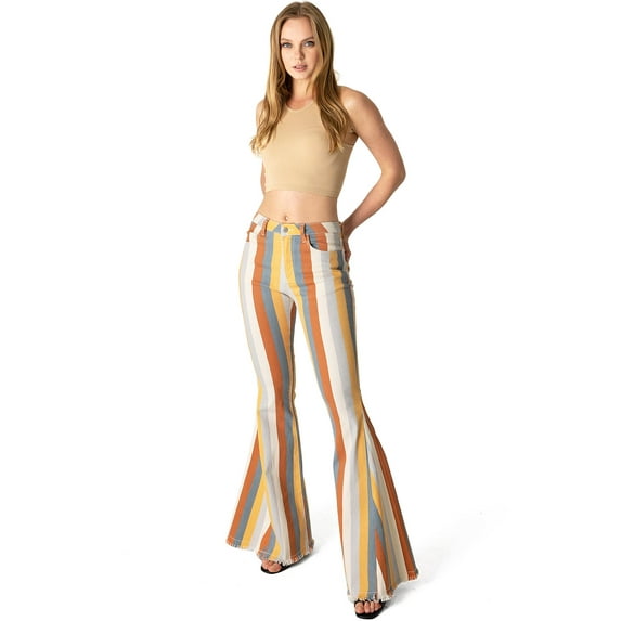 Saints & Hearts Womens Juniors High Rise Retro Stripe Boho Flares (L, Mustard)