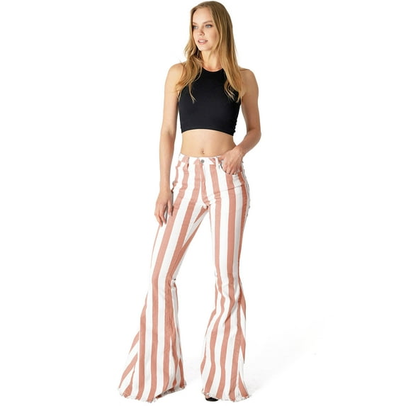 Saints & Hearts Womens Juniors High Rise Retro Stripe Flares (Burnt Coral, Small)