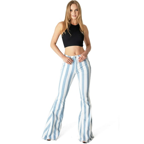 Saints & Hearts Womens Juniors High Rise Stripe 34" Inseam Flares (S, Baby Blue)