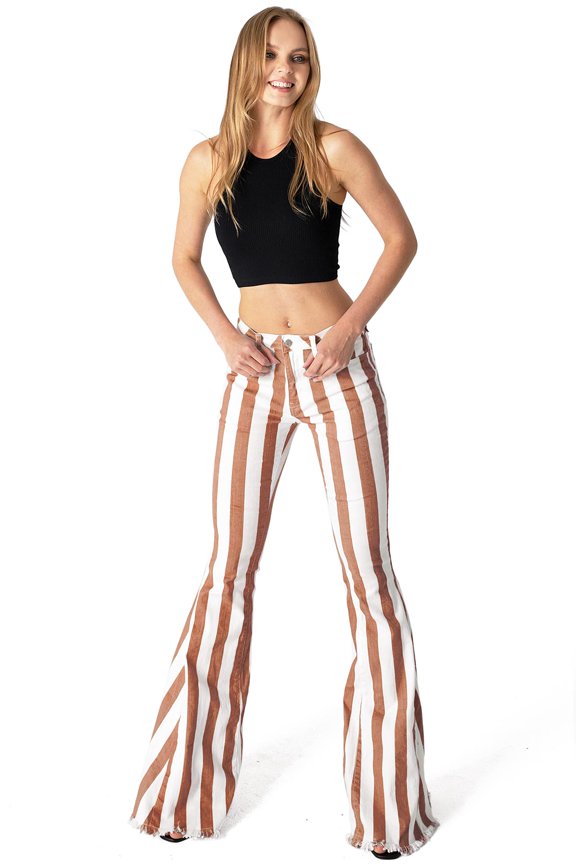 Womens Juniors High Rise Stripe Flares (Large, Rust)