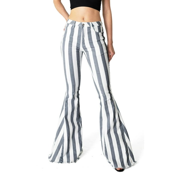 Saints & Hearts Womens Juniors High Rise Stripe Flares (Medium, Charcoal Gray)