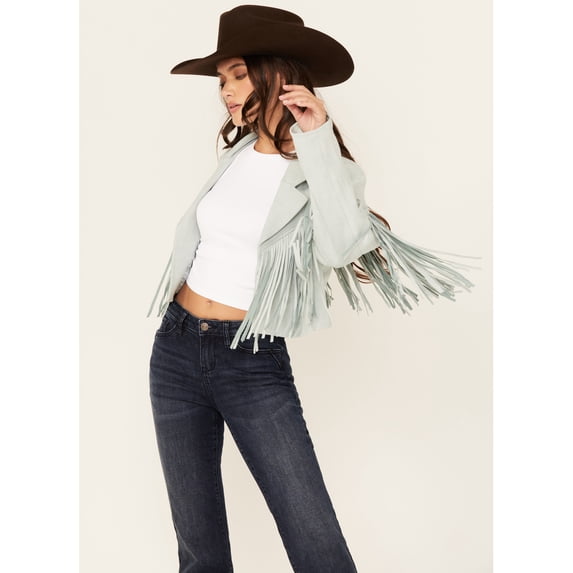 Saints Women's And Hearts Faux Suede Fringe Jacket Blue Large US