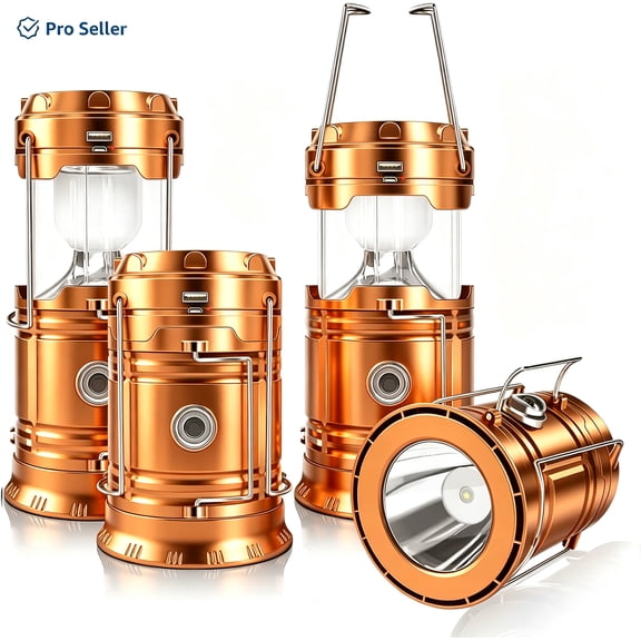 Saisi Collapsible Solar LED Camping Lantern 4 Pack Gold, USB Rechargeable Multi Function Tent Light Flashlight Portable Emergency Lantern for Camping Hiking Power Outage