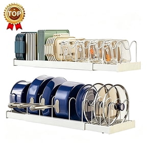 Saisi White Expandable Pot Lid Organizer, PVC Base Rustproof Steel Kitchen Cabinet Storage Rack