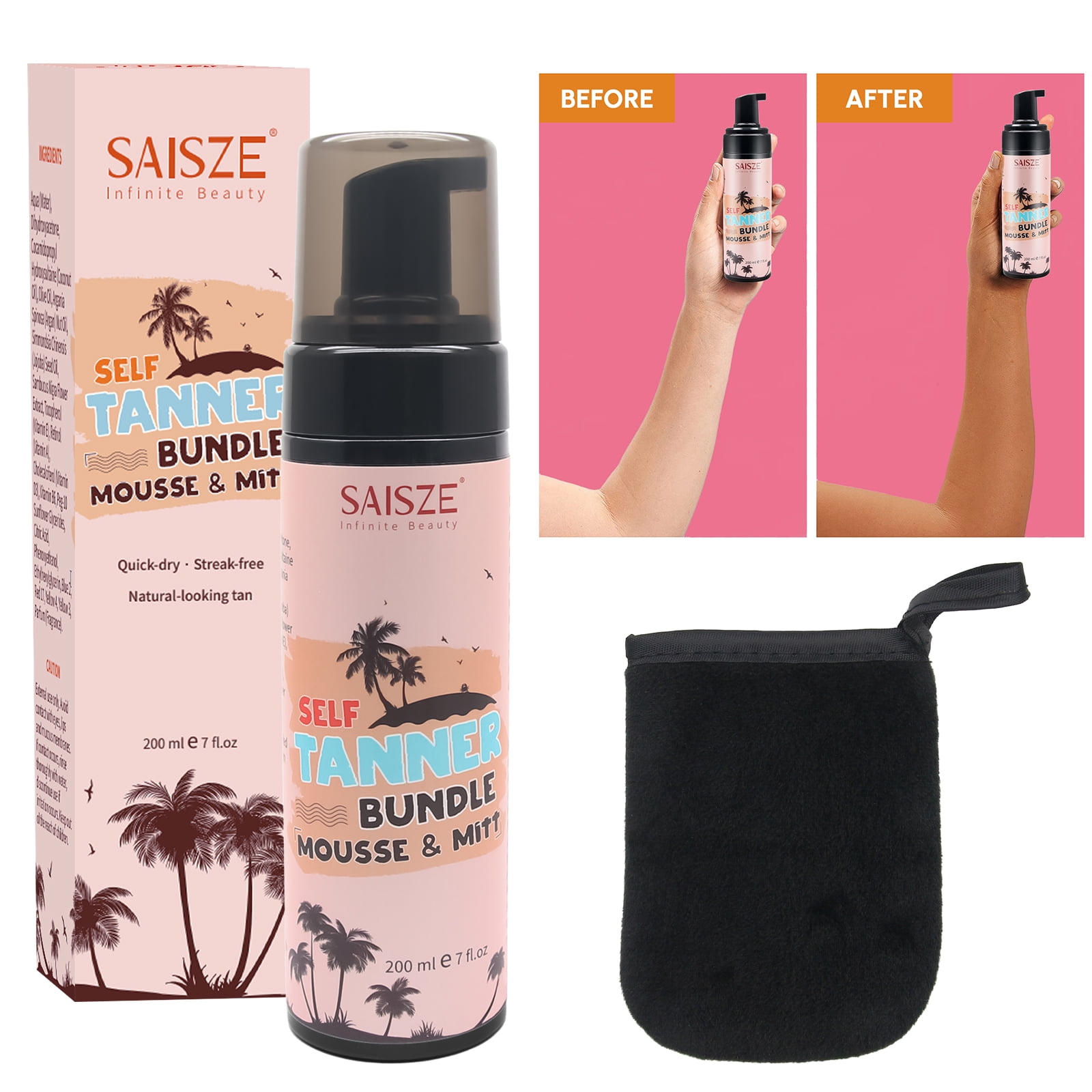 Saisze 7 fl.oz Bronze Fast Self Tanner Kit 100 Natural Sunless Tanner with DHA, Dark Self