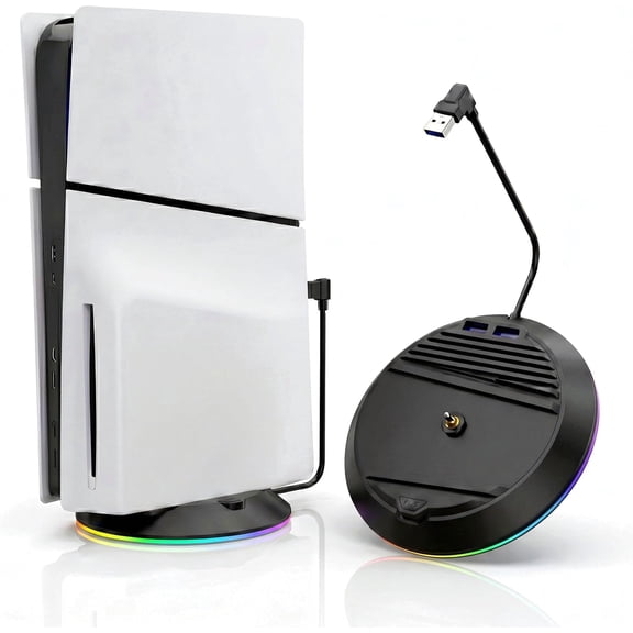 Saitake Vertical Stand for PS5 Slim Gaming Console with RGB Underglow Lighting, Dual USB-A Hub Ports, Multi-Edition Disc and Digital Console Stand, Circular Base, Fix Screw Mount - Black