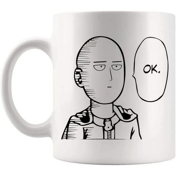 "Saitama One Punch Man Ok" Ceramic Mug, 11 Oz Novelty Coffee Mug/Cup, White