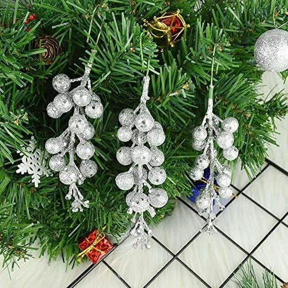 Saitec 15 Pack Christmas Glitter Berries Stems, 7.8Inch Artificial Christmas Picks for Christmas Tree Ornaments, DIY Xmas Wreath, Crafts, Holiday and Home Decor (Light Purple)