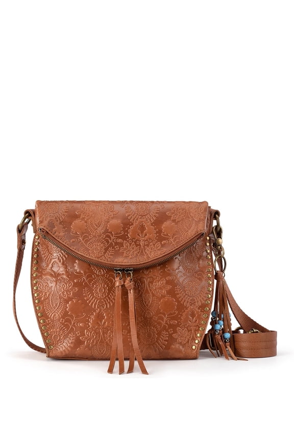 Silverlake Crossbody Bag in Leather - Women's Purse with Adjustable Strap & Zipper Pockets - Pocketbook for Everyday Wear - Tobacco Floral Emboss