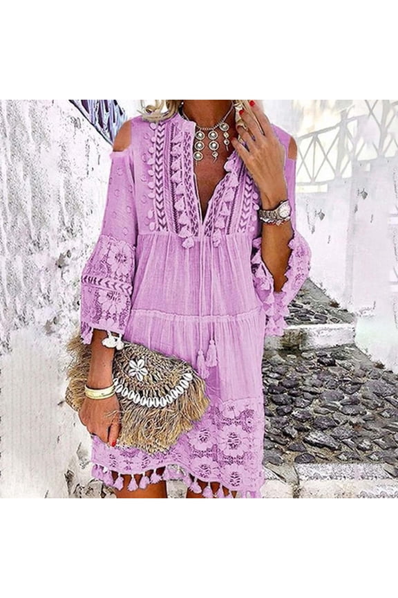 Sakaml Cold Shoulder Summer Dresses for Women 2024 Vacation Knee Length 3/4 Sleeve Shift Purple Deep V-Neck Cutout Fringe Lace Vintage Ladies Skirts