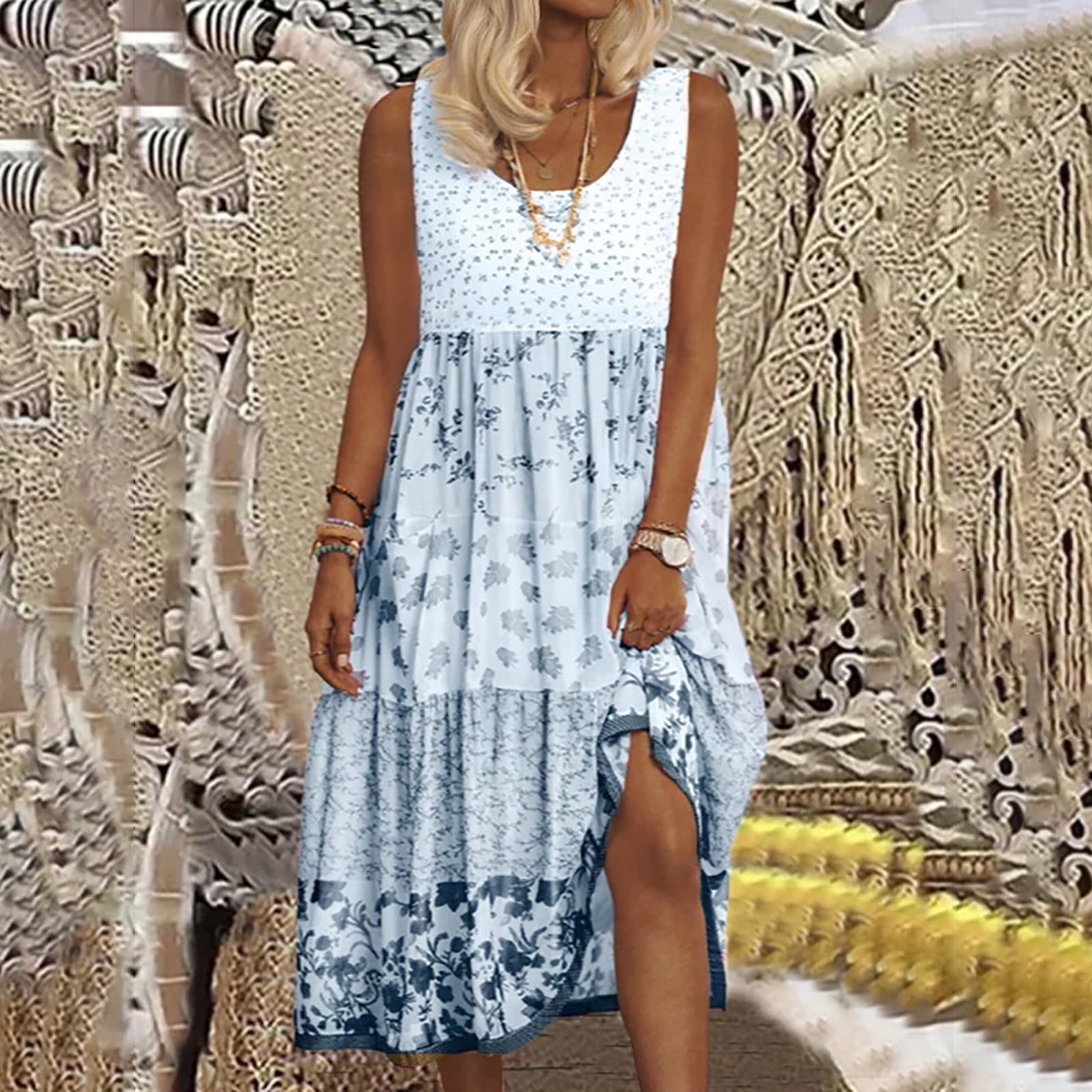 Sakmal Sakaml Knee Length Summer Dresses for Women Blue Slip Sleeveless Scrunch Neck Floral Patchwork Tiered Skirts for Ladies, Women's, Size: Sakmal Sakaml Knee Length Summer Dresses for Women Blue Slip Sleeveless Scrunch Neck Floral Patchwork Tiered Skirts for Ladies, Women's, Size: