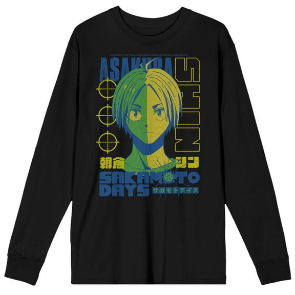Sakamoto Days Shin Asakura Headshot Adult Black Crew Neck Long Sleeve Tee-Large