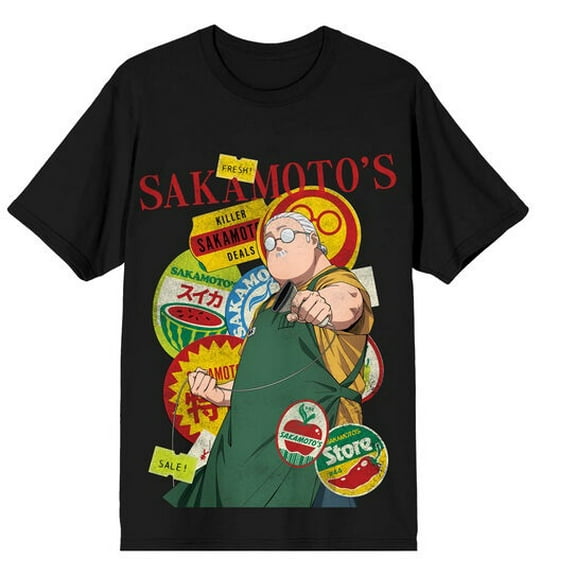 Sakamoto Days Taro Shop Stickers Men's Black Crew Neck Short Sleeve T-shirt-Medium