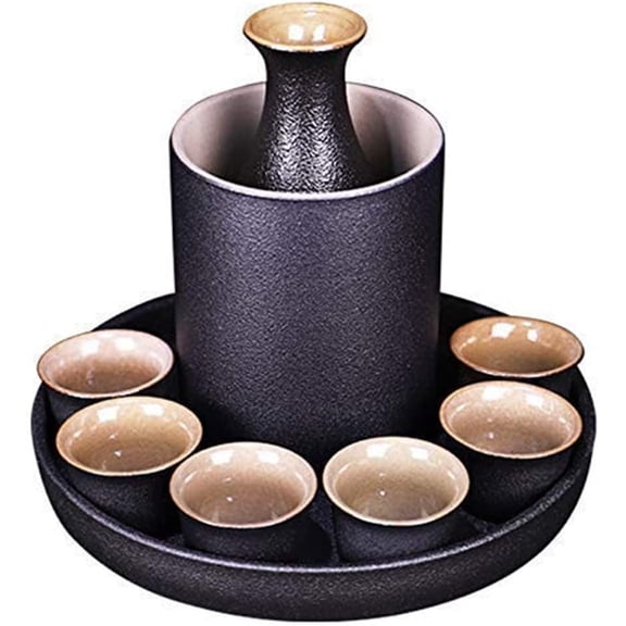 Sake 9-Piece Set Japanese Sake Cup Set with Warmer Black Ceramic for Home Gift for Halloween Thanksgiving Christmas