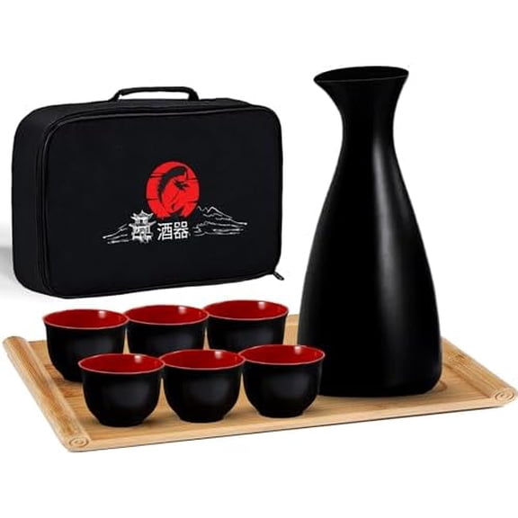 Sake Set 9 pcs | Sake Cups set of 6 | Saki Cup Set| Japanese Sake Set with Bamboo Tray | Soki | Sake Cup Set | Sake Carafe | Candles and Sake Bottle$$Home Decor, Kitchen, & Other