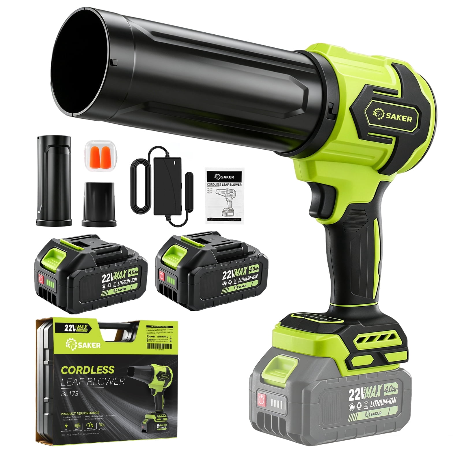 Saker 22V Cordless Leaf Blower with 2 Extended Nozzles, Handheld Dust Cleaner with 2x 4.0Ah Batteries & Carry Case for Lawn, Patio, Yard Care