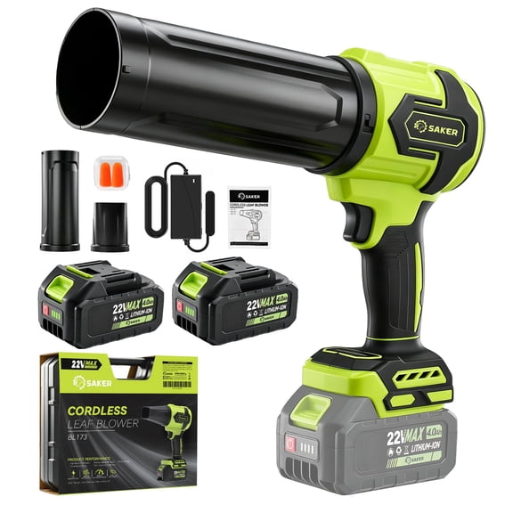 Saker 22V Cordless Leaf Blower with 2 Extended Nozzles, Handheld Dust Cleaner with 2x 4.0Ah Batteries & Carry Case for Lawn, Patio, Yard Care