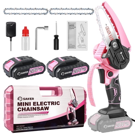 Saker 4" Mini Pink Chainsaw, Cordless, 2x1500mAh Batteries, 3 Chains, for Garden & Household Use