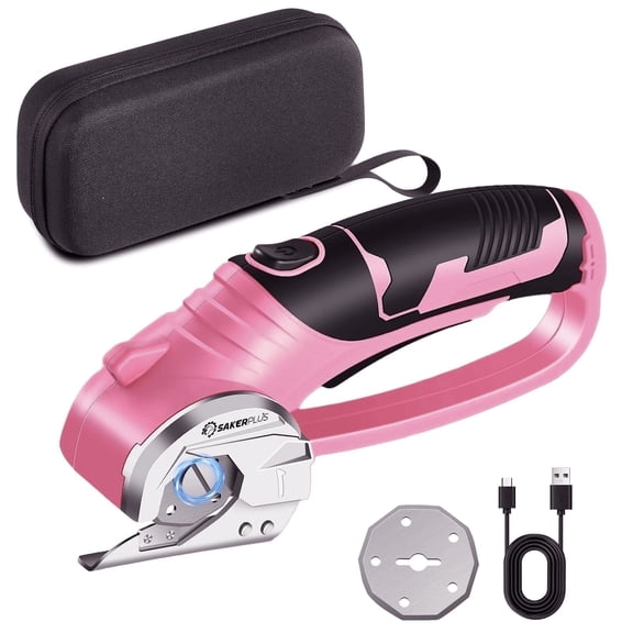 Saker 4V Cordless Electric Scissors, Cardboard Cutter with Safety Lock, LED Light, 220RPM Rotary Cutter for Cardboard, Fabric, Box, Leather, Pink