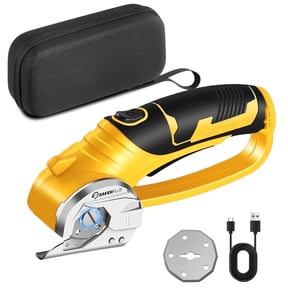 Saker 4V Cordless Electric Scissors, Cardboard Cutter with Safety Lock, LED Light, 220RPM Rotary Cutter for Cardboard, Fabric, Box, Leather, Yellow