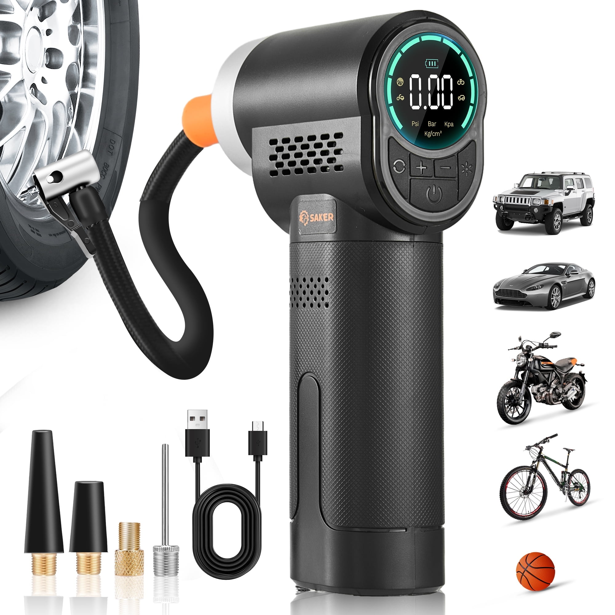 Saker 5V Black Tire Inflator, 6000mAh Battery, 150 Psi Digital Pressure Gauge with LED Light, Air Pump for Car, Motorcycle, Bicycle, Ball