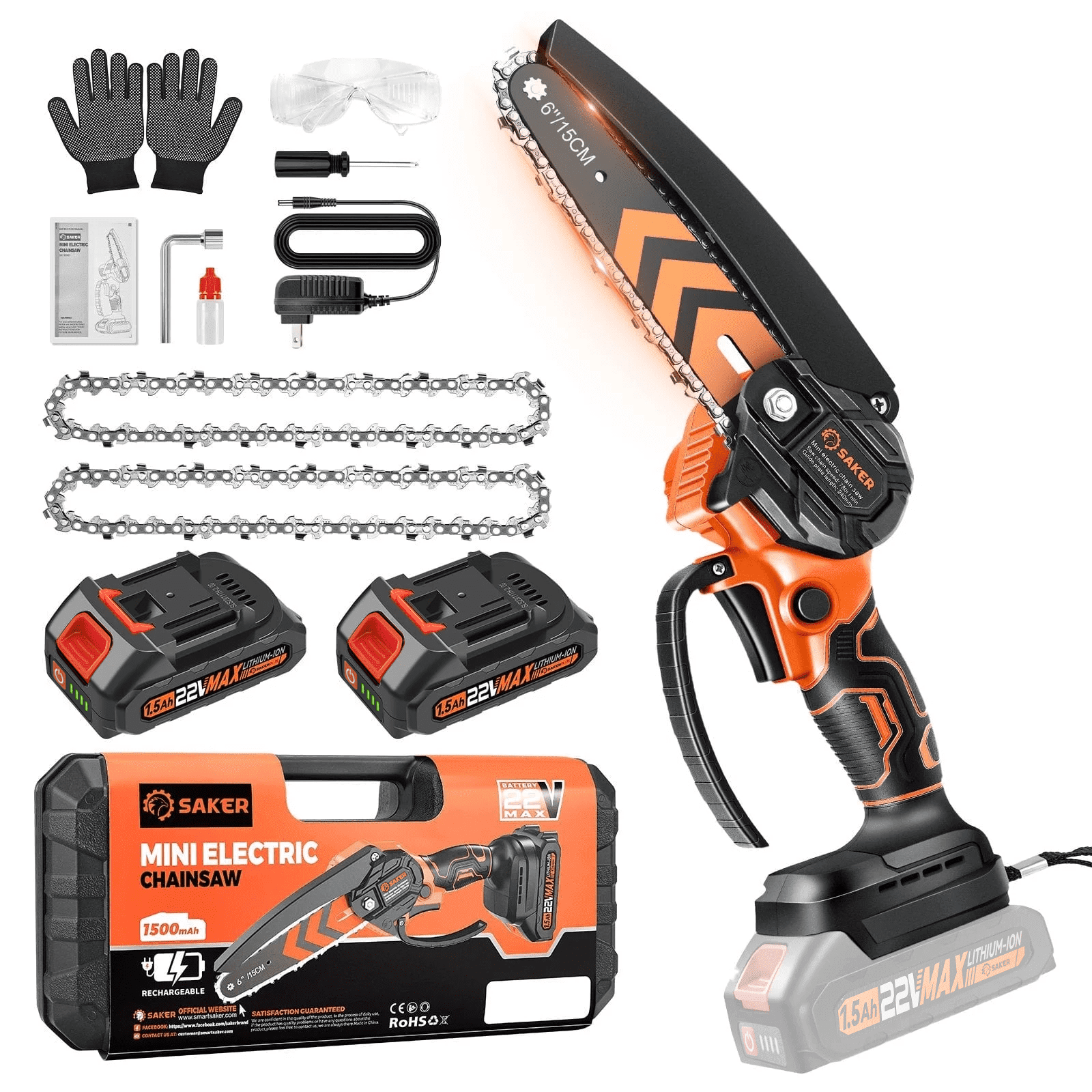Saker Handheld Mini Chainsaw, 6-Inch Electric Chainsaw for Tree Trimming, Wood Cutting, Portable & Cordless, Includes 2 Chains & 2 Batteries, Orange