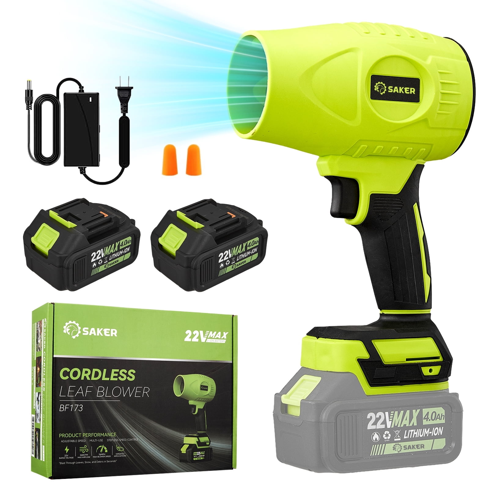 Saker Electric Cordless Leaf Blower with Adjustable Speed, Portable Handheld Leaf Blower with 2x 4.0Ah Batteries for Patio Cleaning, Lawn Care, Green